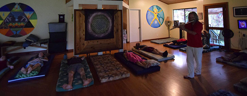 Sound bath in the sanctuary of the Coco Wasi retreat center in Pahoa Hawaii