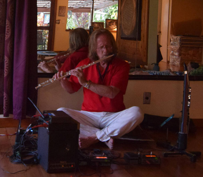 James Elston on flute in the Sanctuary of Coco Wasi retreat center in Pahoa on the Big Island of Hawaii