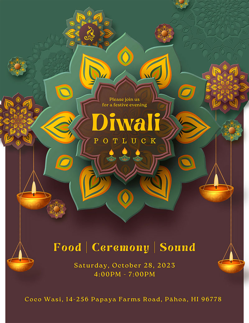 Poster for Diwali ceremony at the retreat center of CocoWasi on the Big Island of Hawaii in Kapoho
